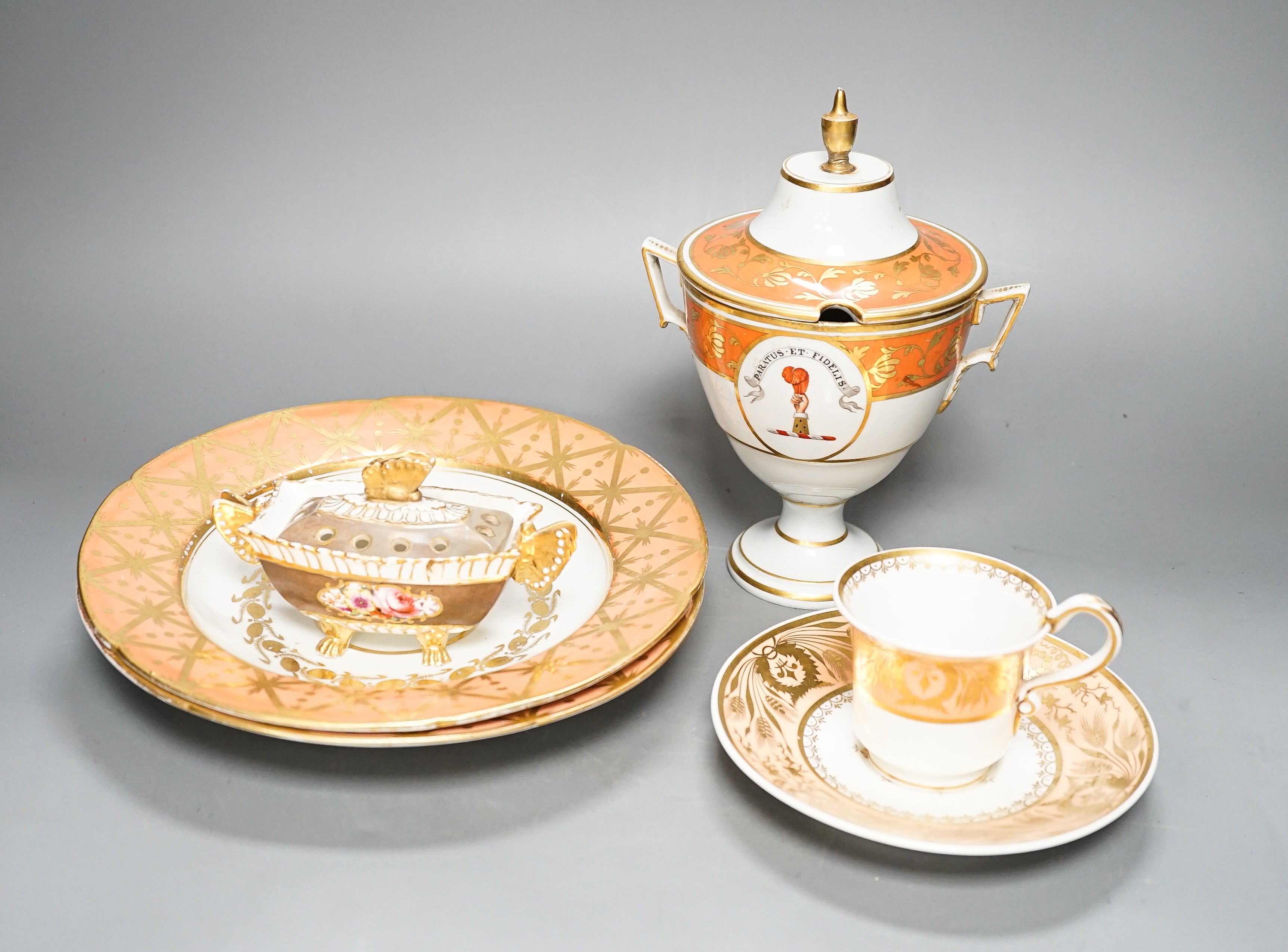 Regency porcelains - a Spode pot pourri, pair of plates, armorial cream pail and cover and a saucer and later cup, tallest 21 cm